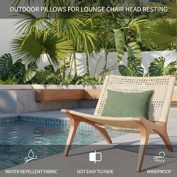 Grass Green Outdoor Lumbar Pillows 12x20 Set of 2, Farmhouse Burlap Solid Green Color Modern Linen Texture Waterproof Throw Pillow Covers with Insert, Decorative Support Pillows for Lounge, Chaise