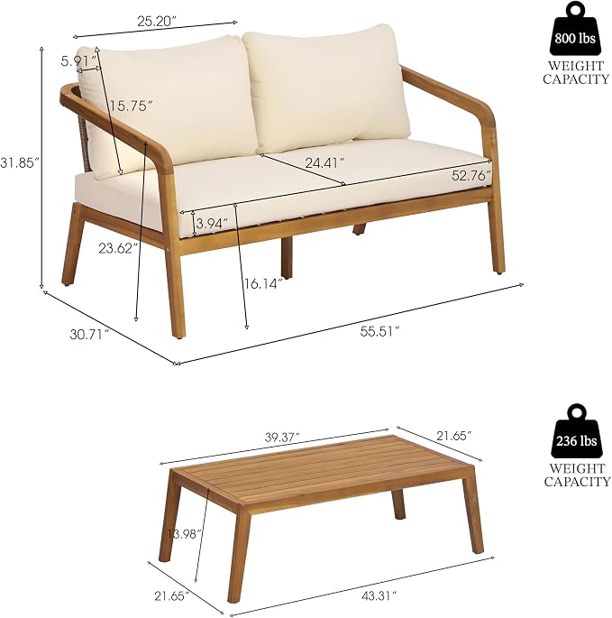 Merax 2-Piece Outdoor Loveseat & Coffee Table Set, Acacia Wood Frame with PE Wicker Back & Water-Resistant Cushions for Patio, Backyard & Poolside