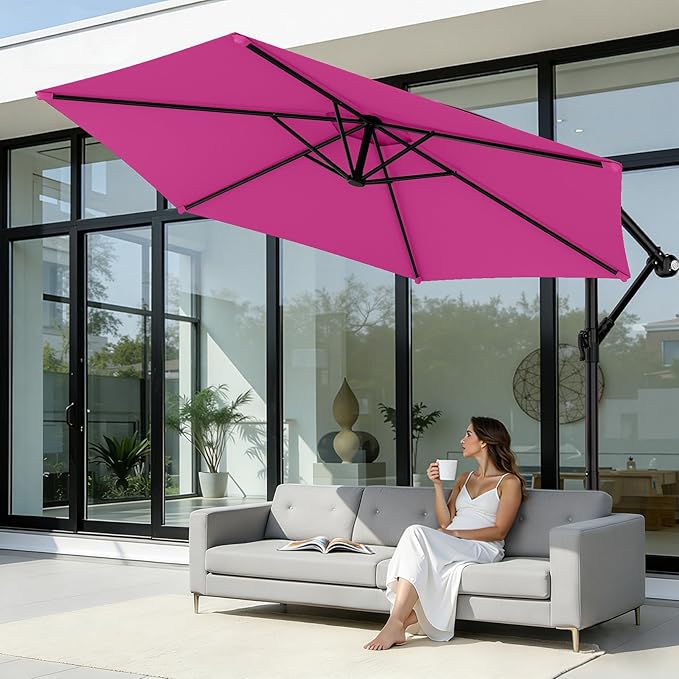 AreShark 10FT Patio Outdoor Umbrella, Offset Patio Umbrella Cantilever Umbrella, 6 Sturdy Ribs, Easy Adjustment for Garden Market Pool with Cross Base (Rose Pink)
