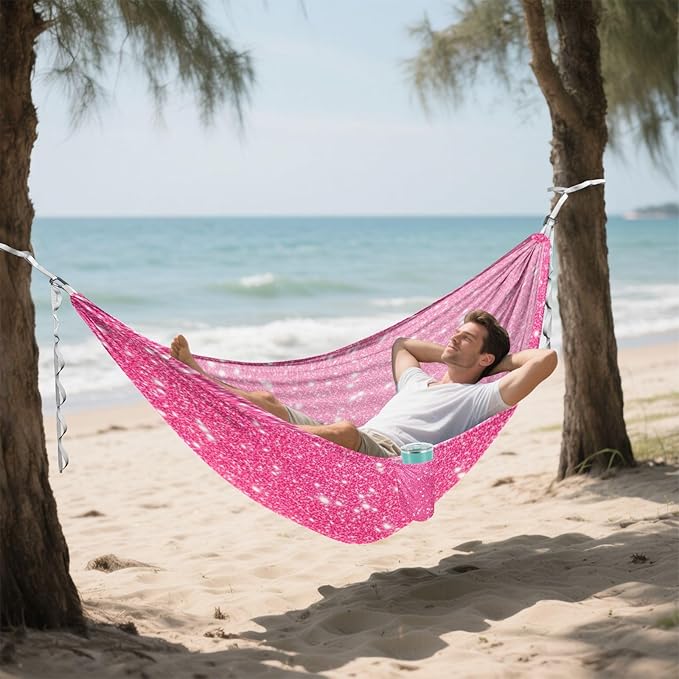 Pink Sparkling Glitter Camping Hammock, Portable Lightweight Single Hammock with Tree Straps and Aluminum Carabiners, 114" x 54" Travel Hammock for Hiking Backpacking Beach
