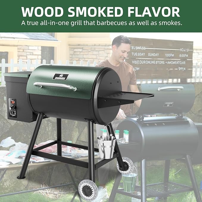 DAMNISS Pellet Grill Smoker 8 In 1 Outdoor Wood Electric Pellet BBQ Grill With PID Temperature Control And Meat Probe 456 Sq.In Removable Cooking Area Easy Clean