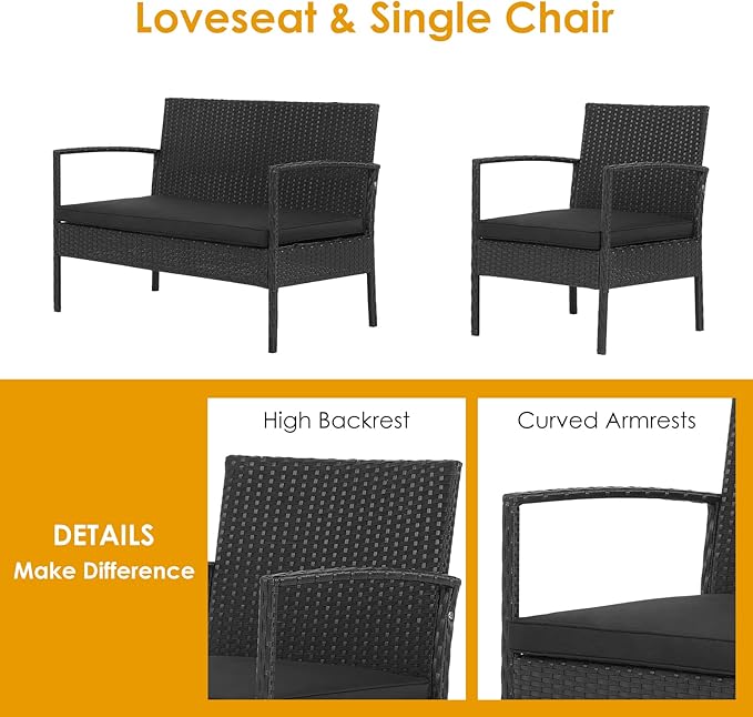Tangkula 8 Piece Patio Rattan Conversation Set, Outdoor Wicker Sofa Furniture with Loveseat & 2 Single Chairs, Acacia Wood Tabletop, Outside Sectional for Poolside, Deck, Garden (2, Black)
