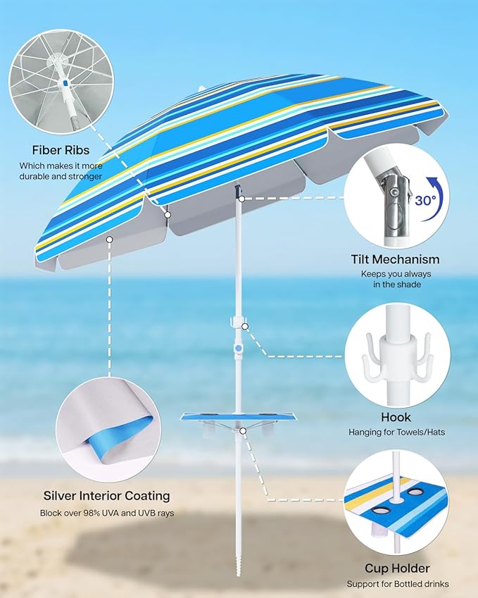 paramondo 7ft Beach Umbrella with Sand Anchor Air Vent Push Button Tilt and Crank, Portable Sunshade Outdoor Patio Umbrella with 8 Sturdy Ribs for Garden, Deck, Backyard, Pool and Beach