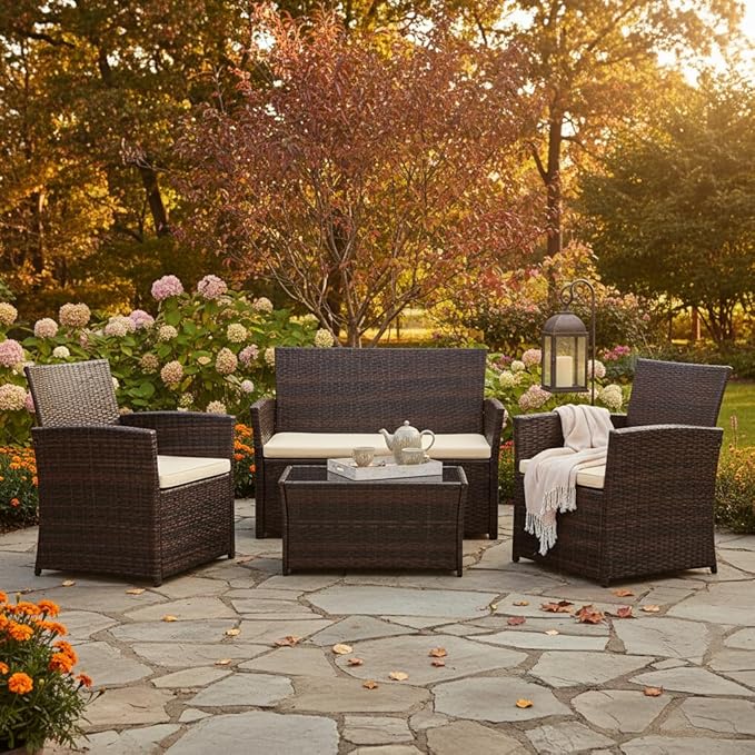 FHFO 4 Piece Outdoor Patio Furniture Sets, Wicker Conversation Sectional Set, Rattan Chairs with Table and Loveseat for Balcony Porch Backyard (Brown-Beige)