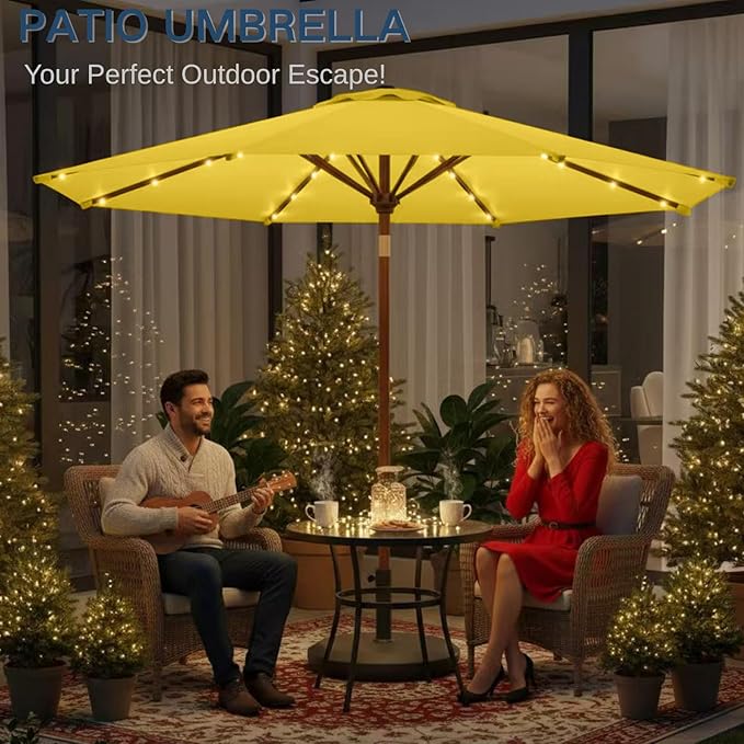 9' Solar LED Patio Umbrella with Tilt & Crank|8 Sturdy Ribs,UV Protection,Outdoor Market Table Umbrella for Deck,Lawn,Pool,Backyard(Yellow)