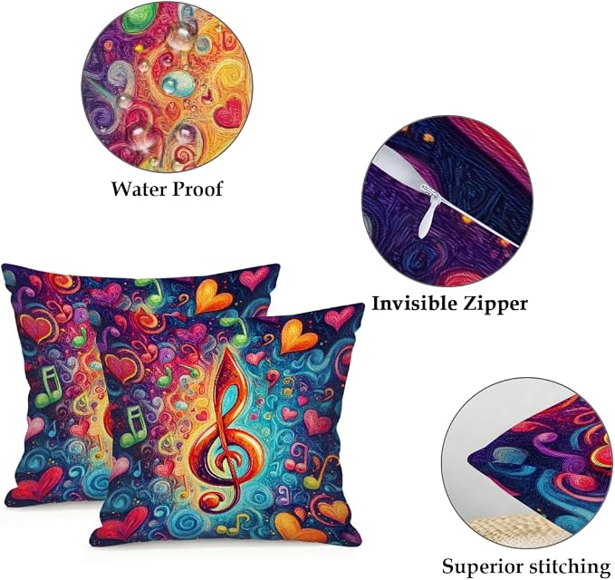 22x22 Inch Outdoor Pillow Covers Set of 2 Waterproof Throw Pillow Covers Decorative Couch Cushion Covers Music Note Hearts Neon Square Pillowcases Protectors for Patio Garden Sofa