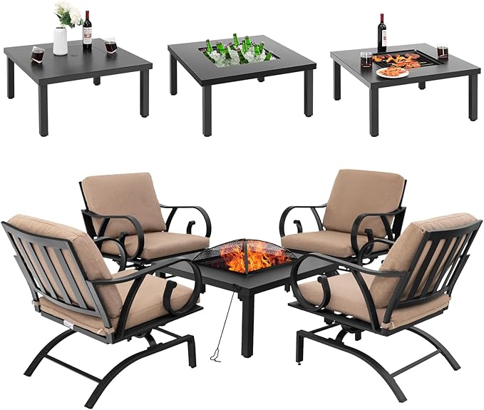 Tangkula 5 Piece Patio Dining Set, Heavy-Duty Rocking Chairs with 4-in-1 Fire Pit Table, Soft Seat & Back Cushions, Gentle Rocking Design, Outdoor Conversation Set for Backyard, Porch (Brown)