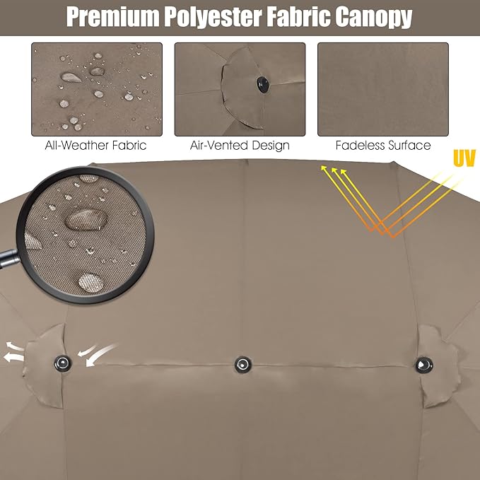 Tangkula 15Ft Double-Sided Patio Umbrella, Outdoor Extra Large Umbrella W/Hand-Crank System & Air Vents, Market Twin Umbrella W/ 12-Rib Sturdy Metal Frame for Poolside, Garden Backyard (Tan)