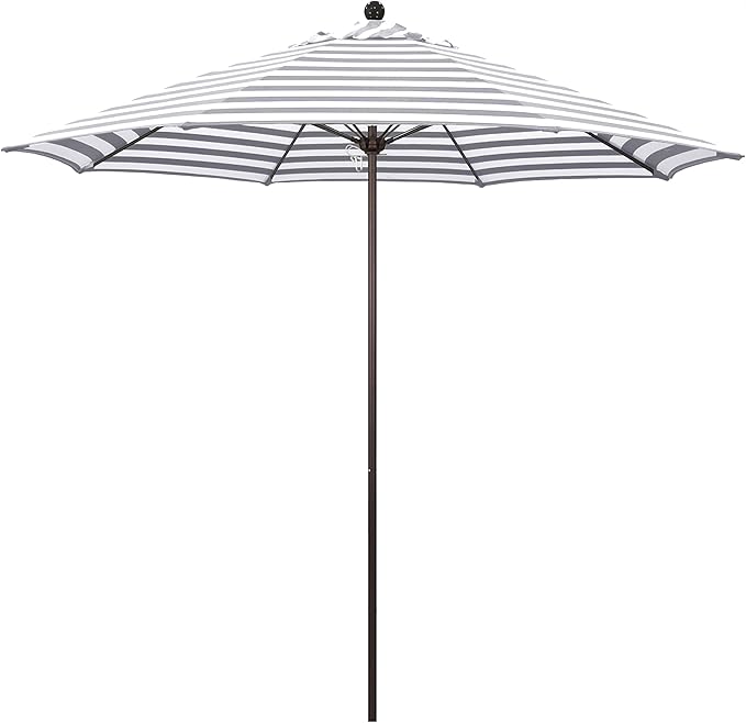 California Umbrella 9' Round Contract Grade Patio Umbrella, Push Open, Bronze Finish, Gray/White Olefin