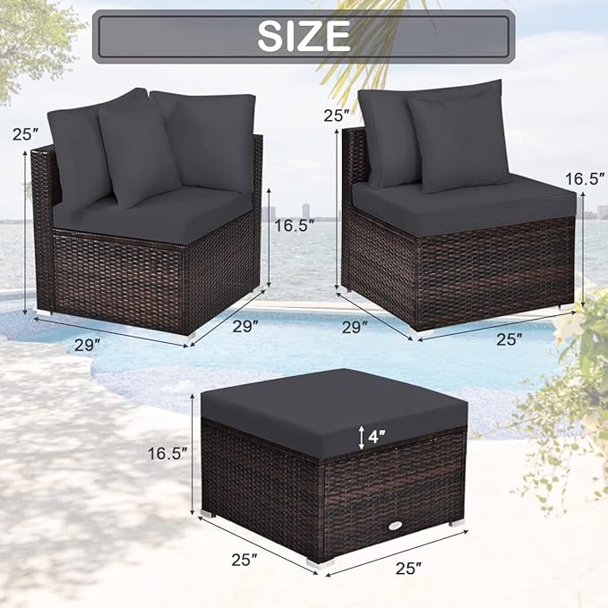 Tangkula 4 Pieces Patio Rattan Sofa Set, Outdoor Wicker Sectional Furniture Set, Patio Conversation Set with Removable Cushions & Pillows for Backyard Porch Garden Poolside Balcony (Gray)