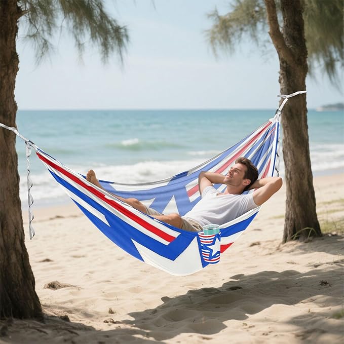 4th of July Independence Day Red and Blue Stars 330lb Capacity Outdoor Hammocks with Tree Straps Portable Hammock for Outside Camping Essentials para ir de Camping