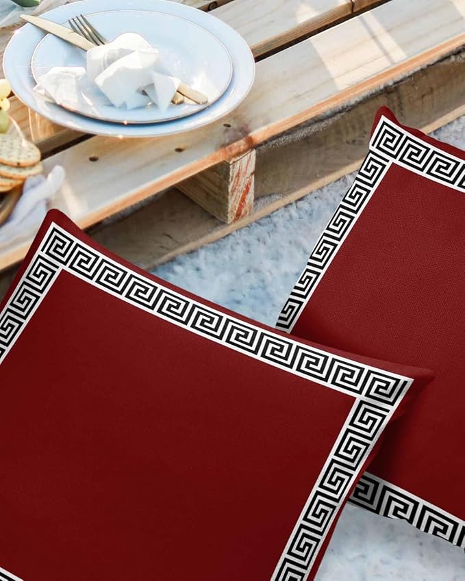 Prime Leader Outdoor Waterproof Pillow Covers Set of 2, Chinese Style Pattern Red Background Patio Throw Pillow Covers, Decorative Cushion Case for Couch Sofa Furniture Garden, 16x16 Inch