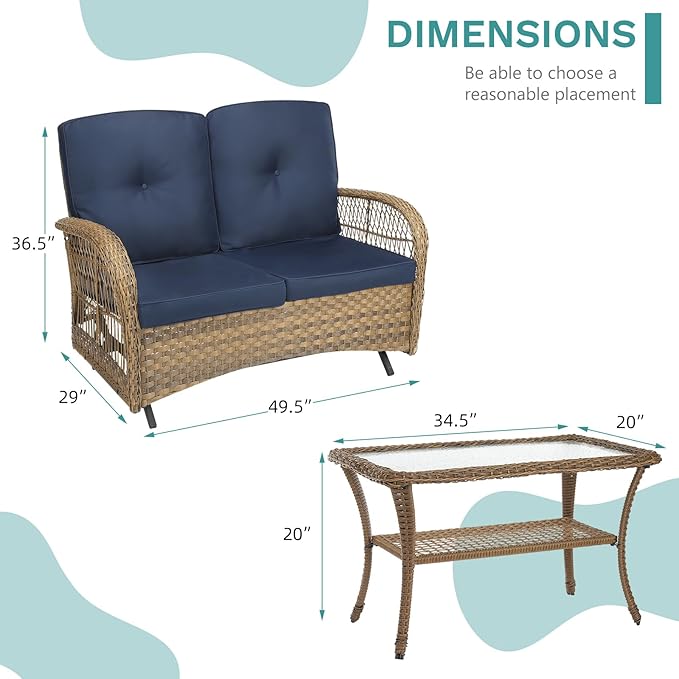MEETWARM Outdoor Wicker Patio Glider Set, Loveseat for 2 Person Porch Furniture Glider with Glass-Top Coffee Table, Patio Glider Rocking Bench with Thickened Cushions, Navy Blue