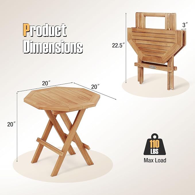 RELAX4LIFE Folding Outdoor Side Table - Set of 2 Teak Wood End Table, Octagonal Coffee Bistro Table w/Slatted Tabletop, Portable Picnic Camp Table for Poolside Porch Garden, Foldable Small Patio Table