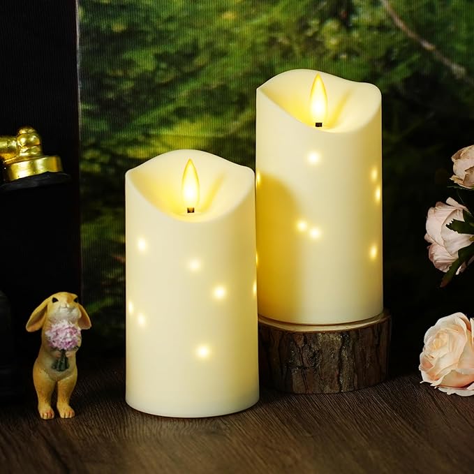 kakoya Outdoor Waterproof Flickering Flameless Candles with Embedded Star String,2Pcs LED Pillar Candles Battery Operated with Remote and Timers for Courtyard,Porch,Camping,Holiday Decoration(Ivory)