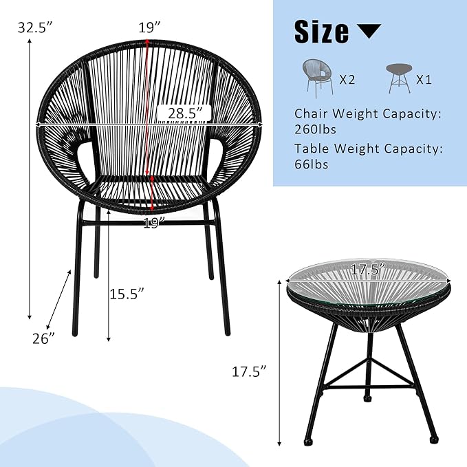 COSTWAY 3-Piece Outdoor Acapulco Chair Set, Wicker Conversation Bistro Sets with Plastic Rope, Glass Top Table, Patio Rattan Furniture Set for Garden, Balcony, Lawn, Backyard, Apartment, Black