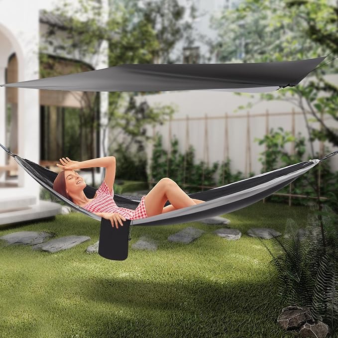Camping Hammock, Portable Camping Hammock Double Tree Hammock Outdoor Indoor Backpacking Travel & Survival, with 2 Tree Straps and Attached Carry Bag (Black and Grey)