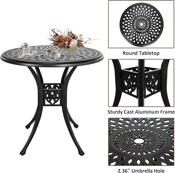 Cast Aluminum Patio Bistro Sets Outdoor Bistro Table and Chair Set of 2 with Umbrella Hole,Metal 3 Piece Patio Set All Weather Bistro Table Set for Garden,Black