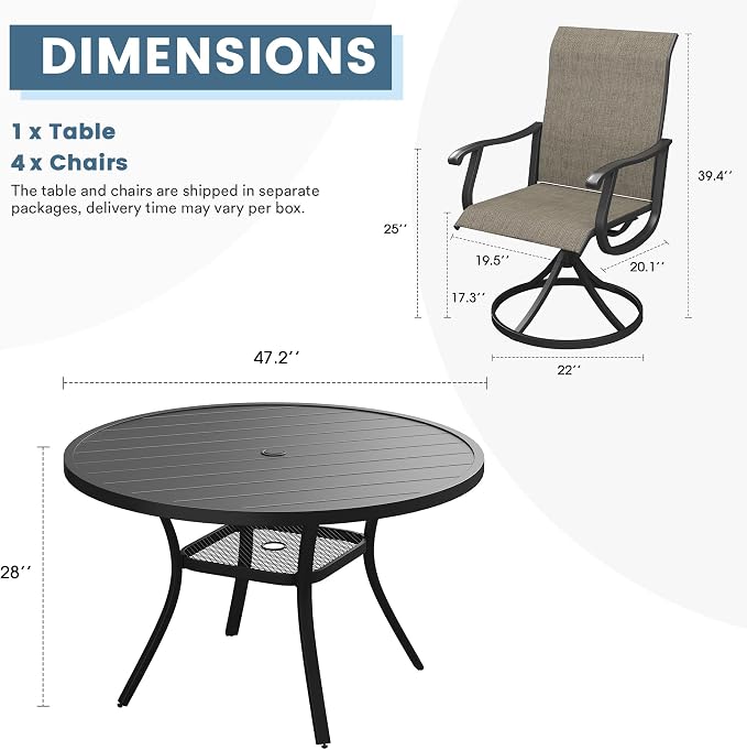 DIFY Outdoor Dining Set for 4, 5 Piece Patio Table and Chairs Set, Swivel Patio Dining Chairs with Brown Textilene & 47.2" Black Round Metal Dining Table with Umbrella Hole, for Garden Backyard Deck