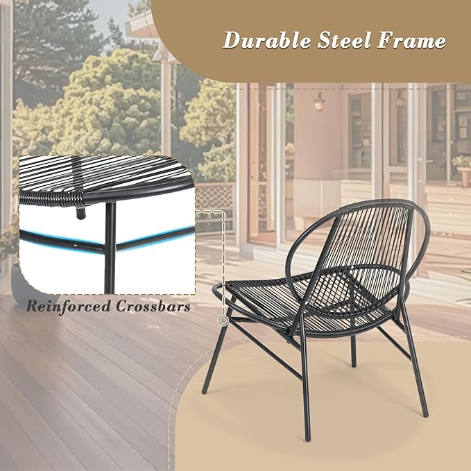 Athena Collection Outdoor Patio Furniture Set 4 Pieces, Metal Outdoor Table and Acapulco Chairs, Small Patio Furniture Bistro Conversation Set for Balcony, Front Porch, Backyard, Gardern, Black