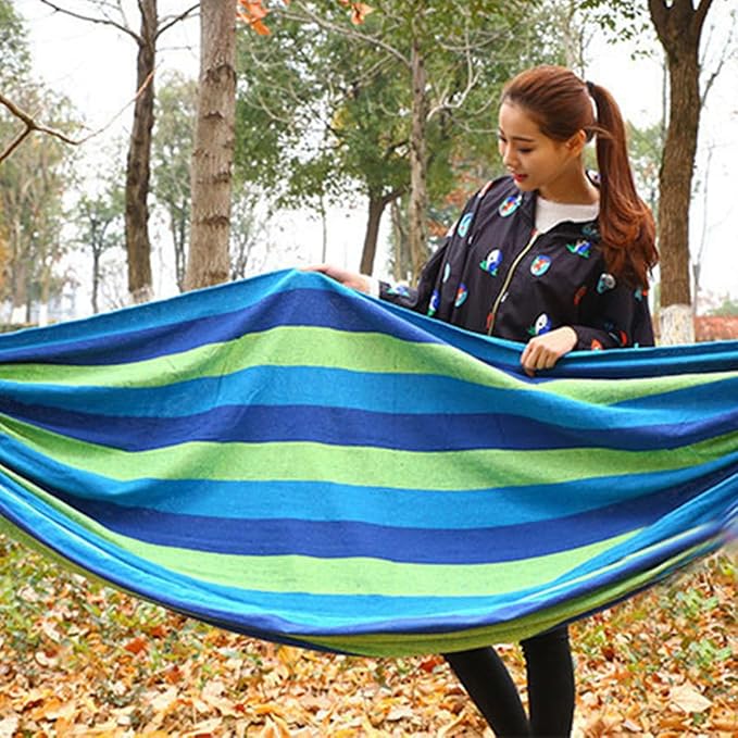 YARNOW Double Thick Canvas Hammock Swing for Two, 280x150cm Blue, Outdoor Camping Hanging Sleeping Bed with Two Bind Ropes and Storage Bag, Patio Backyard Relaxation Gear