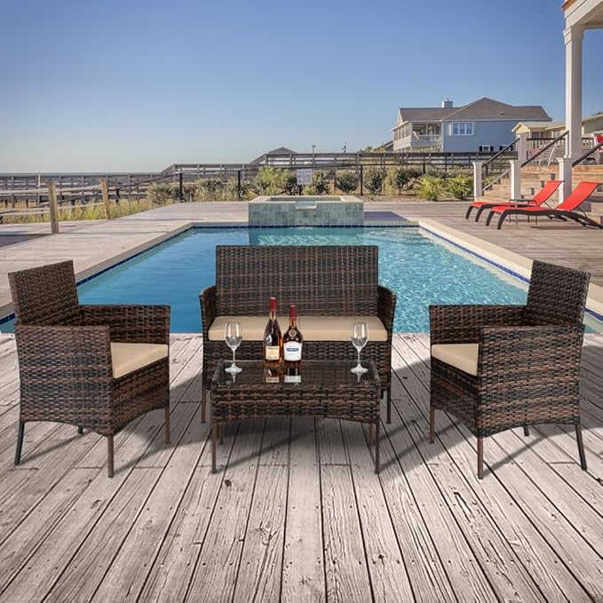 JHshop 4 Pieces Patio Conversation Set with Coffee Table, Rattan Sofa Set with Tempered Glass Coffee Table, Outdoor Furniture for Balcony Backyard Porch Garden, Sofa Chair with Coffee Table