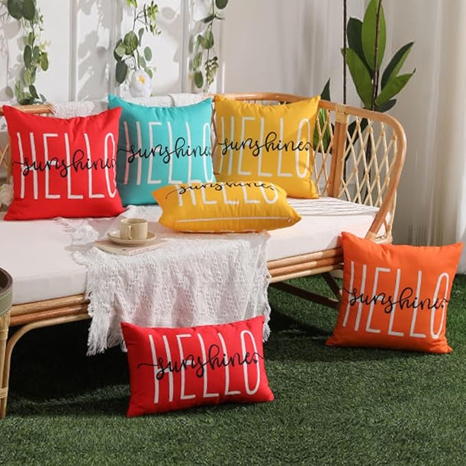 DFXSZ Orange Outdoor Waterproof Pillow Covers 20x20 Set of 2 | Hello Sunshine Decor Summer Fall Polyester Pillow Covers(NO INSERTS)| Decor for Patio Funiture Garden Sofa Couch