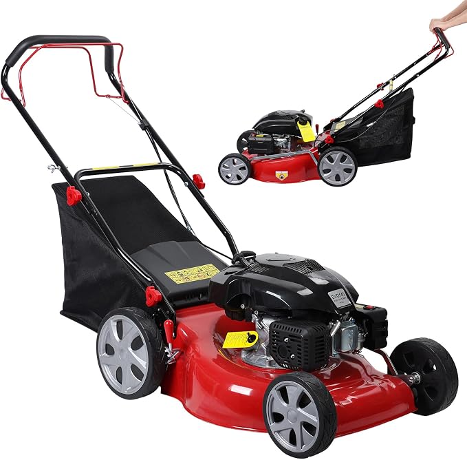 Self Propelled Gas Lawn Mower, 141CC 4-Stroke Gas Mowers, 3-in-1 Strong Power Cordless Gas Engine Lawn Mower with 20" Blade, 2850RPM Walk-Behind Lawnmower Gas with 50L Grass Tank Red