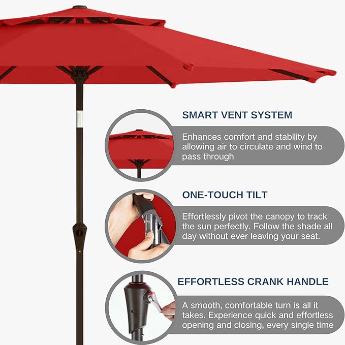 9FT Patio Umbrella 2-Tier Outdoor Market Table Umbrella with Push-Button Tilt & Crank | UPF 50+ & Waterproof for Backyard,Garden,Pool,Deck(Red)