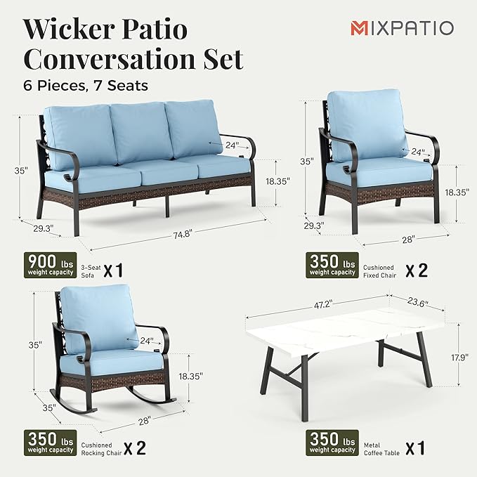 Patio Furniture Set with Coffee Table, Outdoor Conversation Set with 2 x Fixed Chairs, 2 x Rocking Chairs, 1 x 3-Seat Sofa for Lawn Garden Backyard, Blue