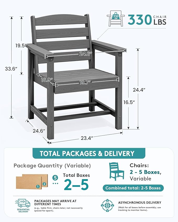 SERWALL Outdoor Dining Chairs Set of 4, All-Weather HDPE Patio Chair with 19.7" Widened Seat, for Backyard, Garden, Gray