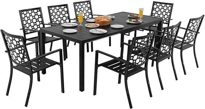 MEOOEM Outdoor Patio Dining Sets for 8, Outdoor Expandable Long Tables and Stackable Chairs Set of 8, All Weather Heavy Duty Black 9-Piece Outdoor Patio Table and Chairs for Garden, Backyard