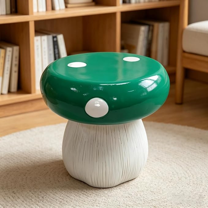 13.8" Mushroom House Resin Stool, Forest Mushroom Sculpture Stool, Multi-Purpose Decorative Furniture, Indoor Outdoor Garden Lawn Courtyard Summer Decoration (Green Mushroom)
