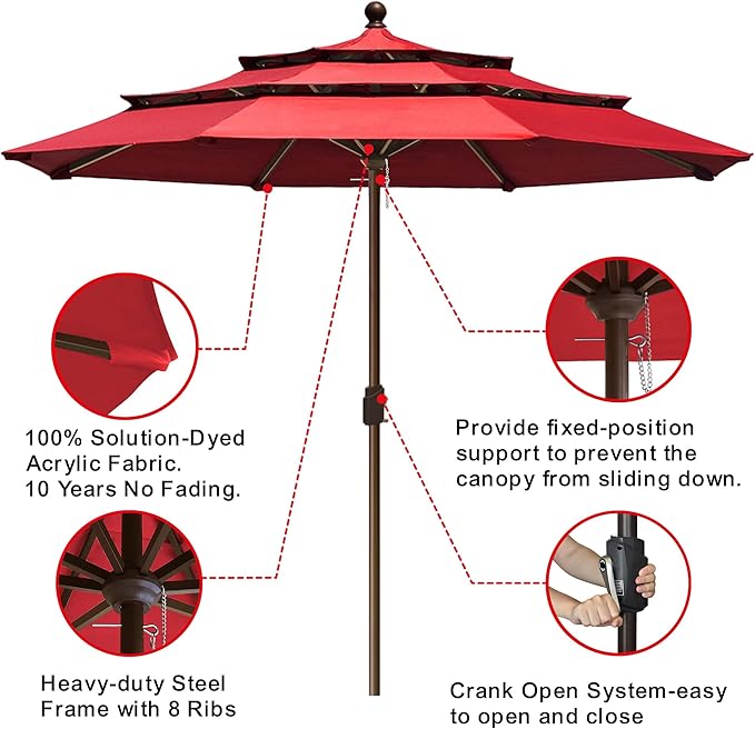 EliteShade USA 10-Year-Non-Fading 11ft 3-Tier Market Patio Umbrella, Commercial Grade Outdoor Table Umbrella with Crank Open, Windproof & UPF 50+ UV Protection, Heavy Duty Ventilation for Garden, Deck, Pool, Backyard, Beach & Bistro, No Tilt, Logo Red
