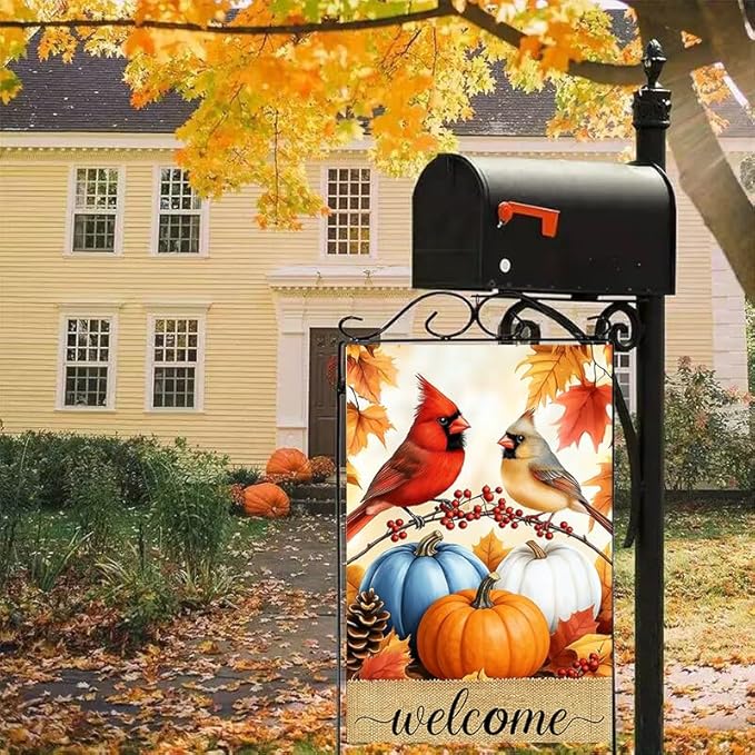 Welcome Fall Pumpkin Cardinal Garden Flags 12x18 Double Sided, Small Burlap Autumn Thanksgiving Farmhouse Outdoor Fall Decorations Yard Porch Lawn Flags for Outside