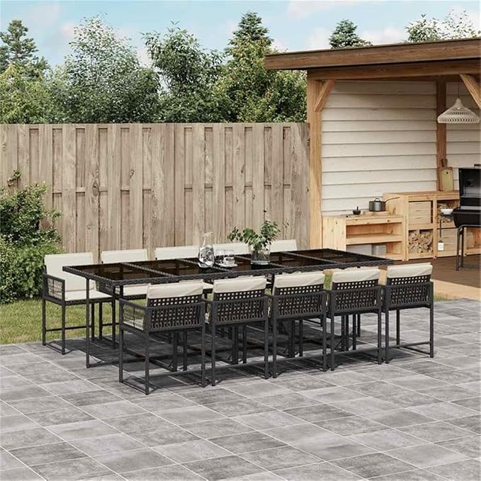 Afuera Living 11-Piece Rectangular Rattan Garden Dining Set, Black/Cream White, UV-Resistant PE Rattan, Powder-Coated Steel Frame, Foldable Table, Removable Cushions, Outdoor Patio Furniture, Seats 10