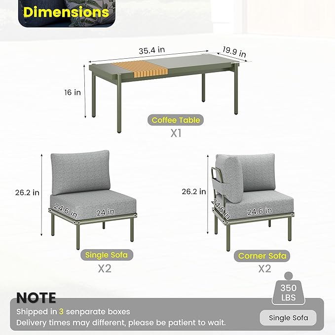 Sundale Outdoor 5 Pieces Patio Furniture Set, Metal Sectional Sofa Patio Conversation Set with Coffee Table, Modern Patio Corner Couch for Balcony, Porch, Sunroom (Grey/Green)