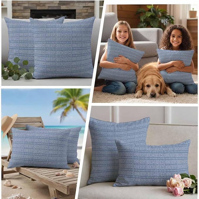Outdoor Waterproof Throw Pillow Covers Set of 2 Blue Stripes Grain Pillowcases 20x20 Inches Solid Color Decorative Pillows Cushion Case Patio Pillows for Couch Bed Chair Garden