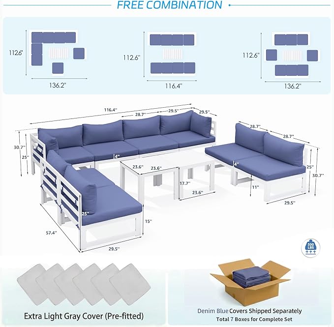 NICESOUL 10 Piece Oversized Modular Aluminum Outdoor Furniture Set with Coffee Table, 29" Deep Wide Sectional Seating, 500 lbs High Weight Capacity Patio Conversation Set for Garden Lawn, Denim Blue