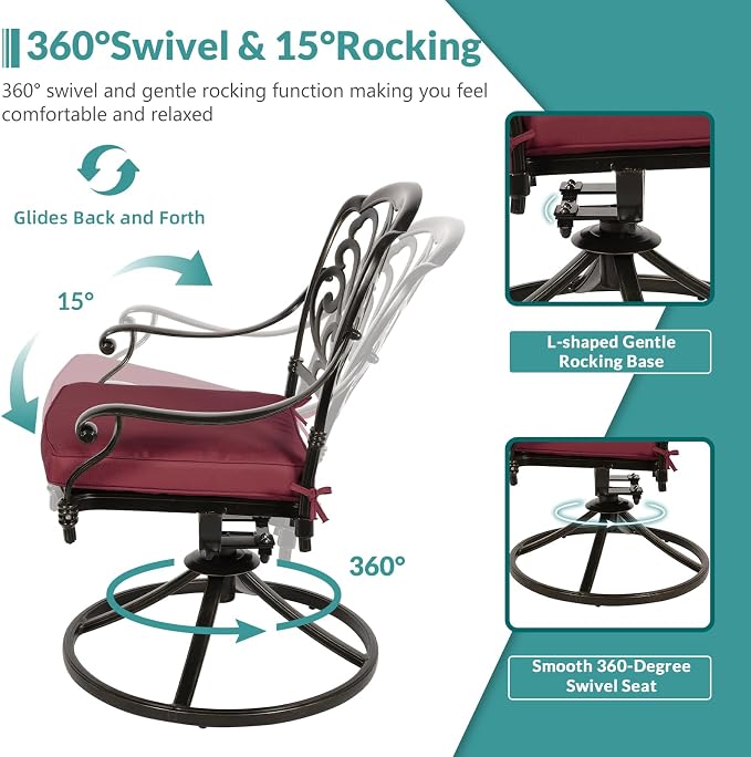 MEETWARM 9-Piece Outdoor Patio Dining Set for 8, All Weather Cast Aluminum Patio Funiture Table and Chairs Set- Large 64" Square Table and 8 Cushioned Swivel Rocker Chairs, 2.2" Umbrella Hole, Red