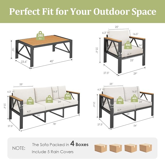 INGEROOM 5 Piece Aluminum Outdoor Patio Furniture Set with Waterproof Cover, 7-Seat Patio Conversation Sets with Coffee Table, Outdoor Sectional Furniture Set for Porch, Balcony, Deck, Oatmeal
