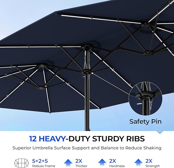 HOMSHADE Double Sided Patio Umbrellas with Base - 15ft RGB Multi-Color Flowing LED Lights Outdoor Extra Large Market Table Umbrella w/Stand, Oversized Umbrella for Deck, Pool, Backyard,Navy