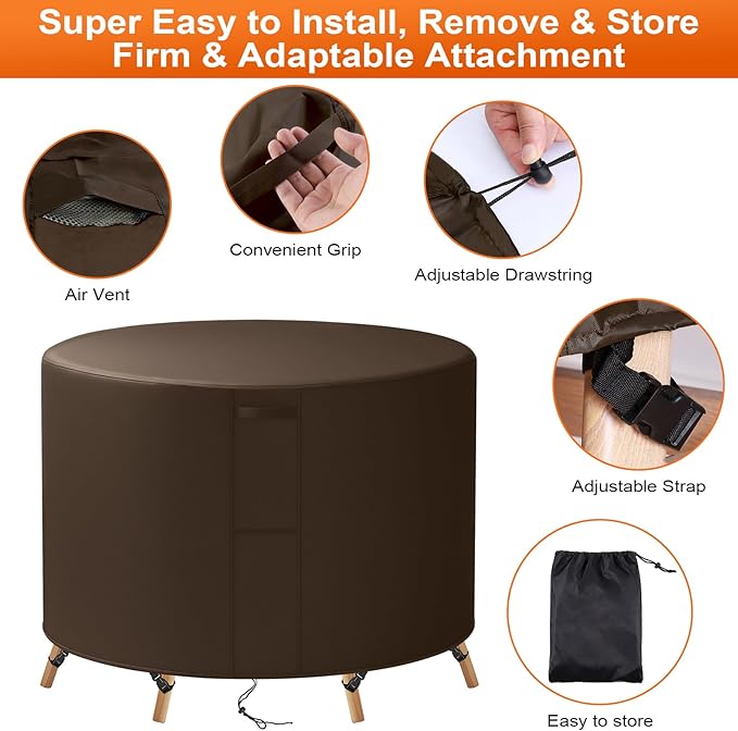 58"(D) x 38"(H) Round Outdoor Furniture Cover, Custom Heavy Duty 420D Waterproof Patio Furniture Cover with Drawstring & Buckles for Table Chair Garden, Coffee