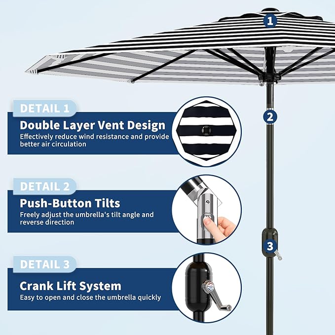 Garvee 10FT Patio Umbrella - Outdoor Table Umbrella with Smooth Crank Lift, Push Button Tilt and 8 Sturdy Ribs - Market Umbrella UV Protection Waterproof for Pool, Deck, Yard, Garden