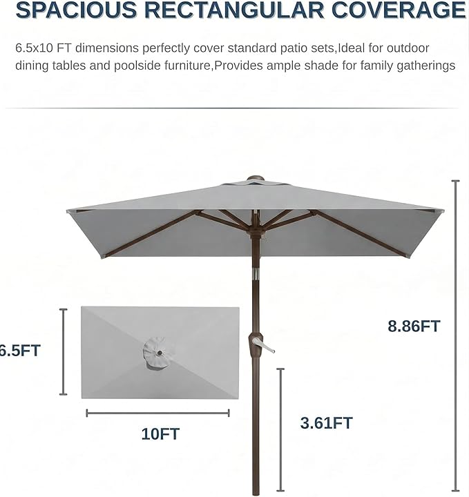 6.5x10FT Patio Umbrella, Outdoor Umbrella with Push Button Tilt and Crank, 8 Sturdy Ribs, UV Protection & Waterproof Market Umbrella for Pool, Backyard, Beach,Deck (Light Gray)