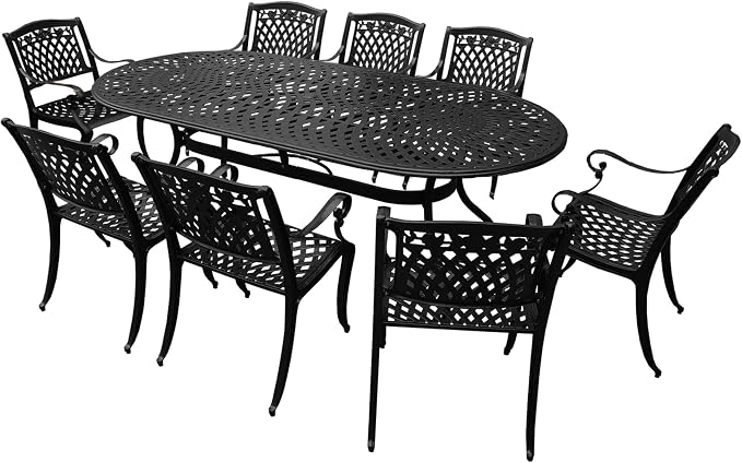 Oakland Living 1025-1855(8)-LBK Modern Outdoor Mesh Lattice Aluminum 95-in Large Black Oval Patio Eight Arm Chairs Dining Set