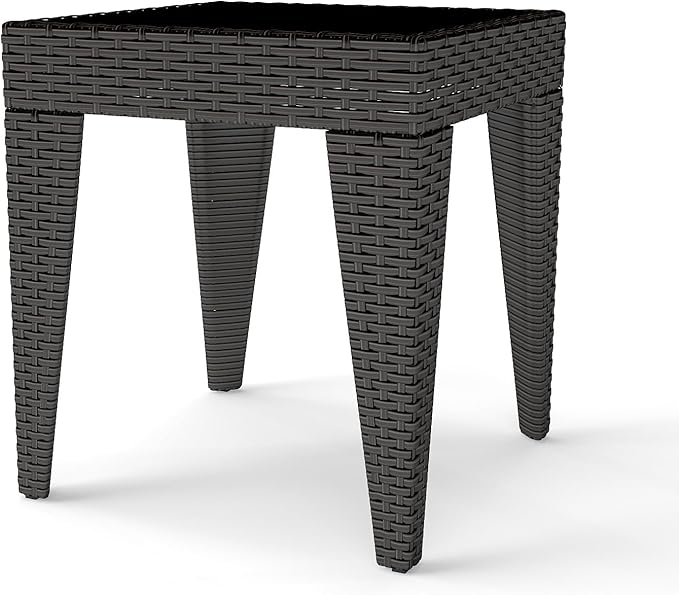 Kinfant Rattan Patio Side Table - Modern Wicker End Table, PE Coffee Table with Glass Top, Weather-Resistant Patio Furniture for Patio, Balcony, Garden, and Poolside (1, Rattan Black)