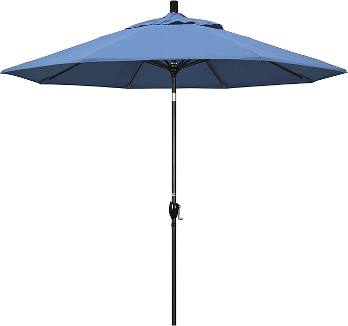California Umbrella 9' Round Aluminum Market Umbrella, Crank Lift, Push Button Tilt, Black Pole, Frost Blue Olefin