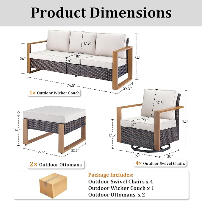7-Piece Outdoor Patio Furniture Set with 4 Swivel Chairs, All-Weather Wicker Sofa Set for Garden, Yard, Porch and Poolside Seating Beige