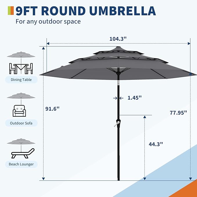 GarveeTech Patio Umbrella, 3-Tier Vented Canopy with Hand Crank, Push-Button Tilt Outdoor Umbrella, Alloy Rib Frame for Pool, Backyard and Deck, 9FT Grey